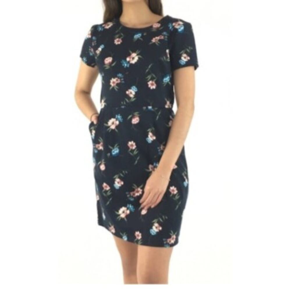 5498).LOFT Navy Floral Business Office Pleated Waist Cap Sleeve Mini Dress Sz 0P